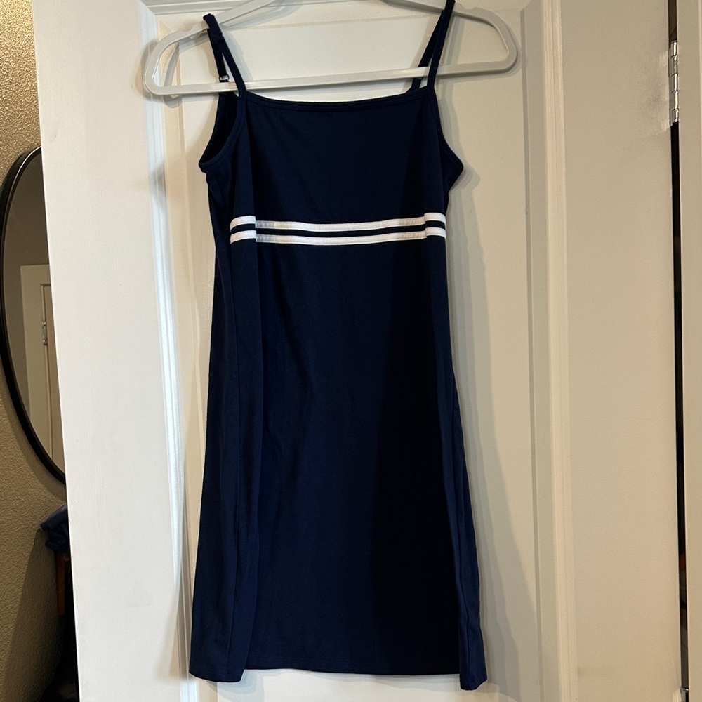 Navy Blue Strappy Dress with White Stripe